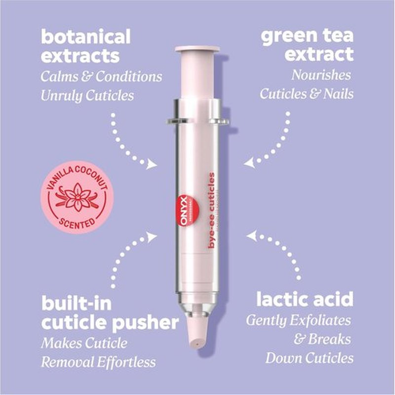 ONYX Professional Bye-ee Cuticles Rapid Remover - Vanilla Coconut Cuticle Gel with Built-In Pusher, 0.43 fl. oz