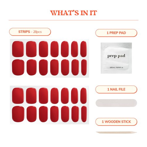 Heyhae Semi Cured Gel Nail Strips | No LED Lamp Needed | Solid, Red | Easy Apply & Remove, Salon Quality | Includes 28 Strips, 1 Prep Pads, Nail File & Wooden stick - Hey, Cherry on Top