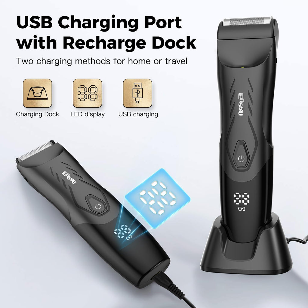 ENSSU Body Hair Trimmer for Men, Pubic Groin Hair Trimmer for Men with Safe Blade, Cordless Ball Shaver w/Light & Charging Dock, Waterproof Body Groomer for Man, LED Display &1H Quick Charge,Green