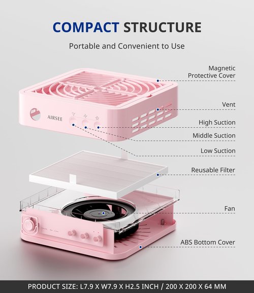 AIRSEE Powerful Nail Dust Collector Nail Tech, Upgraded 4200RPM Vacuum Fan Dust Extractor for Acrylic Nail Polishing and Manicure in Salon & Home, ND503