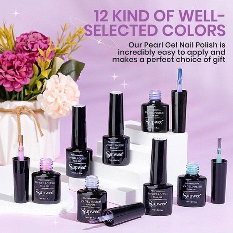 SUPWEE Pearl Gel Nail Polish - 12 Colors Shimmer Mermaid Nail Gel Polish White Pink Blue Iridescent Nail Polish Gels for Nail Art Polish DIY at Home