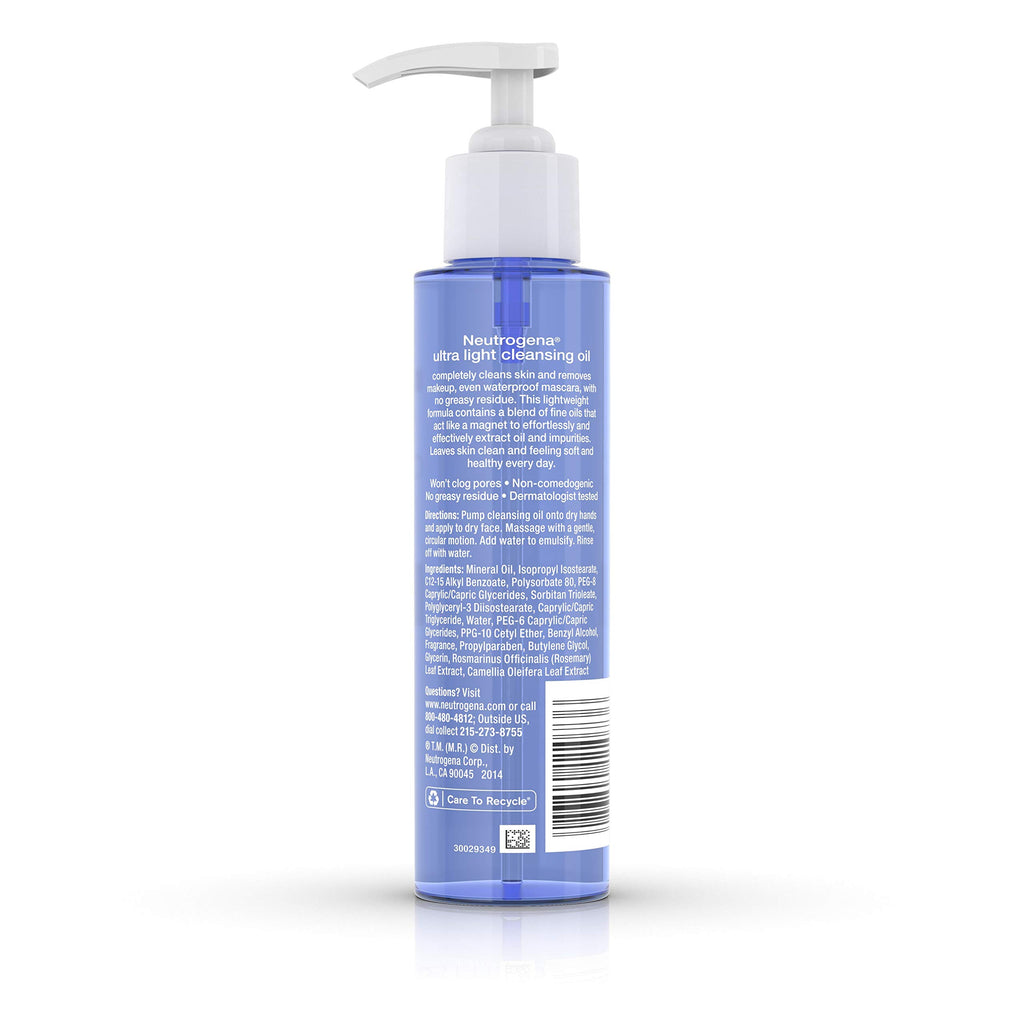 Neutrogena Ultra Light Facial Cleansing Oil & Makeup Remover, Non-Comedogenic Face Oil Cleanser to Remove Dirt, Oil, Makeup & Waterproof Mascara, 4 fl. oz