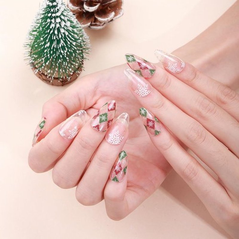 6 Sheets Christmas Nail Wraps Full Stickers Nail Polish Strips, Cute Grid DIY Self-Adhesive Glitter Nail Art Decals Snowflake Xmas Tree Red Green Party Decor with 1 Pcs Nail Files (128 Pieces)