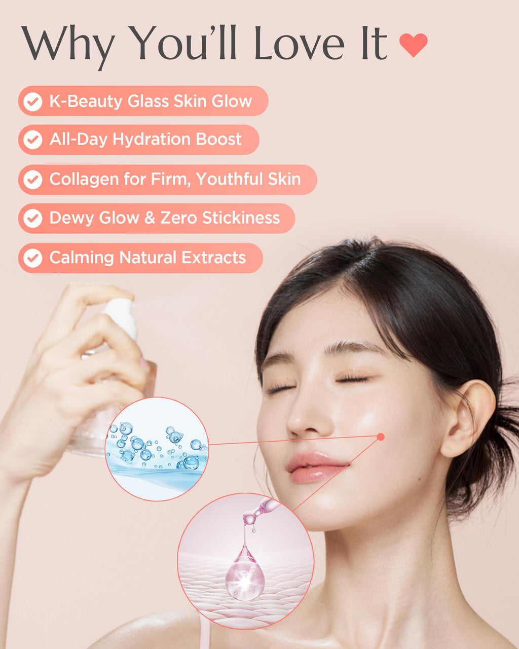Vitkle Apricot Collagen Gel Serum Mist - Korean Face Moisturizer French Patented with 8-Layer Hyaluronic Acid, Bakuchiol, Adenosine for Hydration Glow Firming Anti-Aging Spray, 3.38 fl.oz.