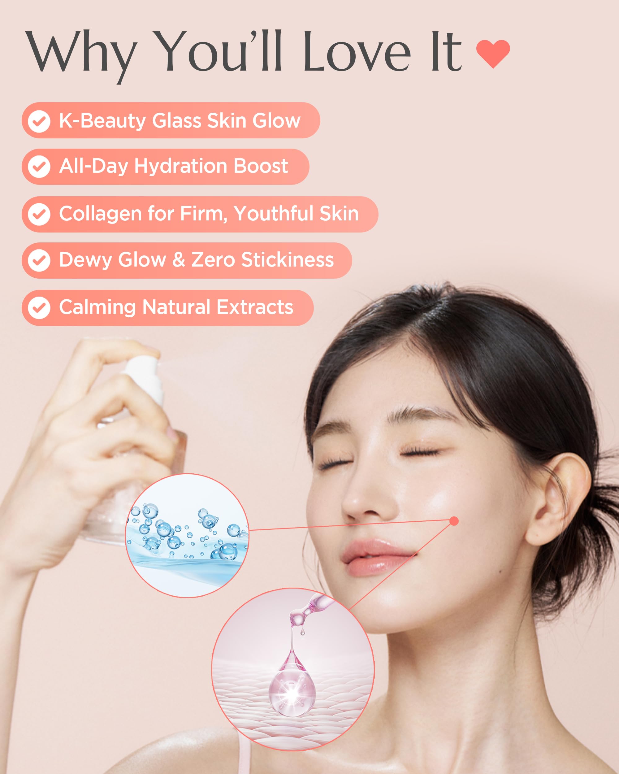 Vitkle Apricot Collagen Gel Serum Mist - Korean Face Moisturizer French Patented with 8-Layer Hyaluronic Acid, Bakuchiol, Adenosine for Hydration Glow Firming Anti-Aging Spray, 3.38 fl.oz.