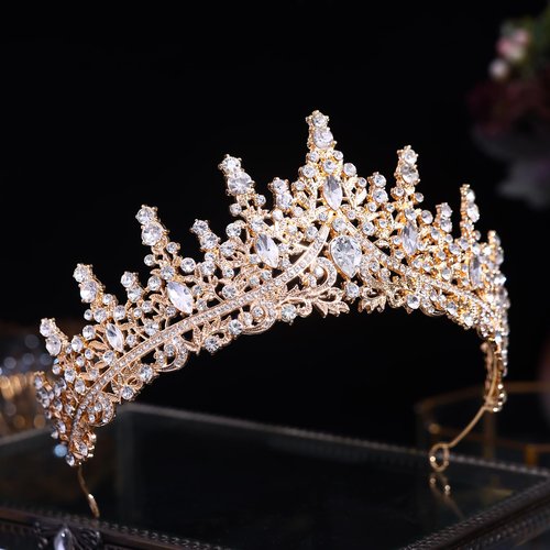 Crystal Princess Queen Tiara - Birthday Rhinestone Crowns Headband for Women Wedding Halloween Prom Pageant Party Coming of Age Ceremony Photo Props （HG828-Gold White）