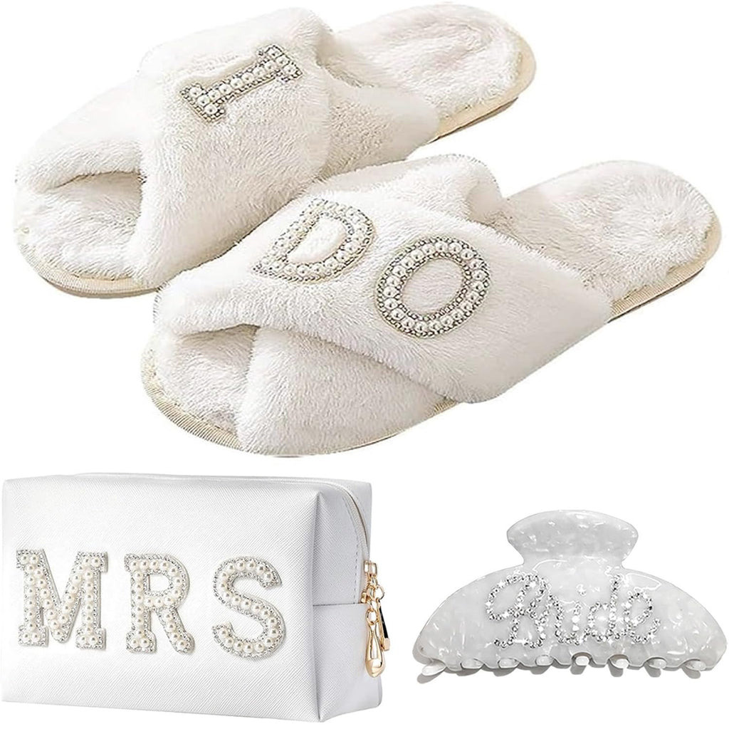 BILJOY Personalized Initial Bridal Shower Gifts Box Set, Letter I DO Bride Slippers MRS Cosmetic Bag Bride Hair Clip Wedding Gifts for Bride, Bride to be Gifts Bachelorette Gifts