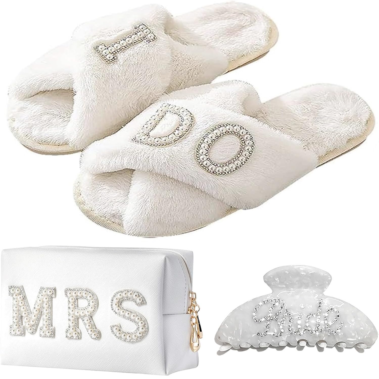 BILJOY Personalized Initial Bridal Shower Gifts Box Set, Letter I DO Bride Slippers MRS Cosmetic Bag Bride Hair Clip Wedding Gifts for Bride, Bride to be Gifts Bachelorette Gifts