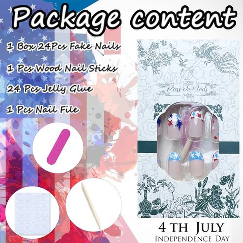 24Pcs 4th of July Press on Nails Short Round Independence Day Fake Nails with Designs French Tips Almond Glue on Nails Colorful Dots Star Patriotic False Nails Glossy Stick on Nails for Women Girls