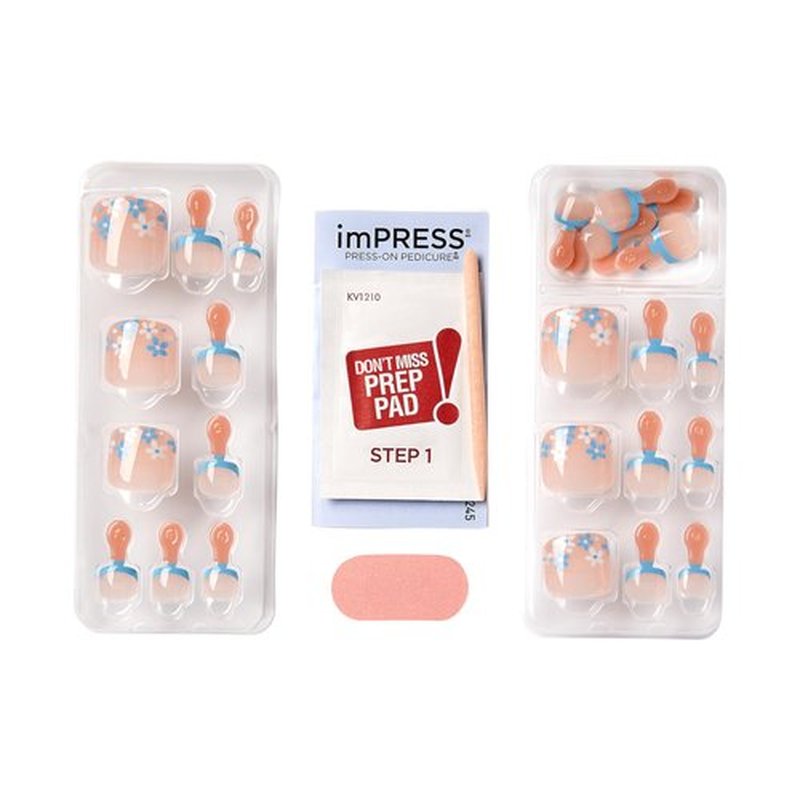 KISS imPRESS No Glue Pedi Press-On Nails, Design, 'Paradise Ticket', Light Beige, Short Size, Squoval Shape, Includes 24 Nails, Prep Pad, Instructions Sheet, 1 Manicure Stick, 1 Mini File