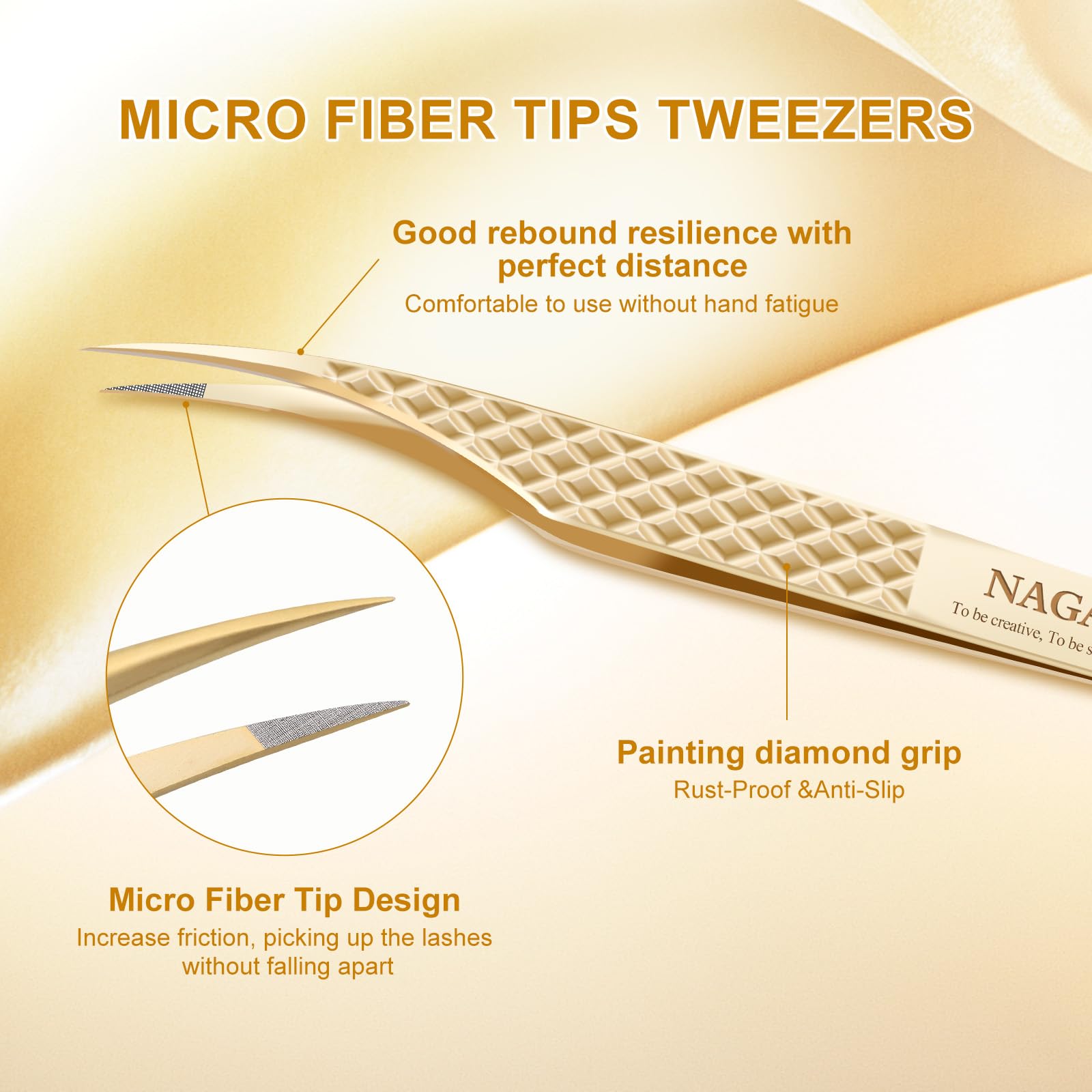 NAGARAKU Precision Fiber Tip Grip Tweezer for Eyelash Extensions Diamond Handle Anti-Static Anti-Slip Premium Gold Stainless Steel Eyelashes Curved Tweezers Supplies with Box(Dolphin Tweezer AG-05)