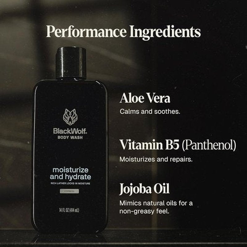Black Wolf Moisturizing Body Wash - Hydrating Sandalwood Cleanser for Men | Dry & Sensitive Skin Care with Hyaluronic Acid, Aloe Vera & Jojoba Oil