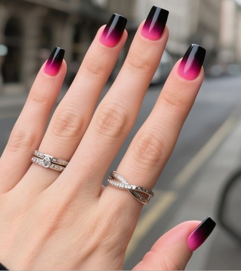 Morily Black Hot Pink Ombre Press on Nails Short, Square Shaped Fake Stick on Nails for Women in 16 Sizes, 32 Pcs Reusable Full Cover Artificial False Fingernails
