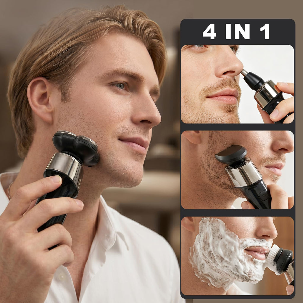 4-en-1 Electric Razor for Men, 9999 RPM High-Speed Electric Shaver with LED Display, 1H Fast Charging, IPX7 Waterproof Razor with Nose Hair Trimmer, Facial Cleansing Brush