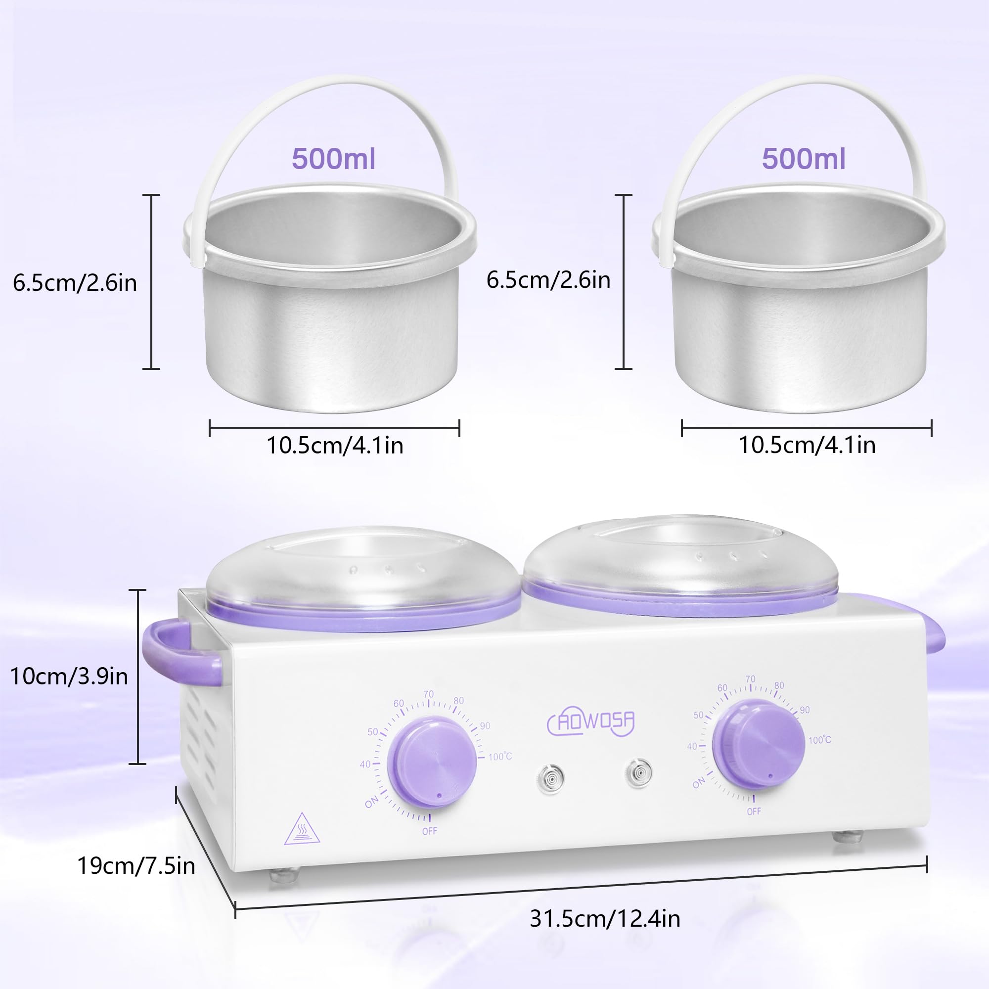 Professional Waxing Kit Wax Warmer Double Pot Wax Heater Machine for Hair Removal, Large Waxing Pot for Spa Salon Beauty Esthetician Home, with Non-Stick Easy Clean Pot, 50 Sticks & 20 Collar, White