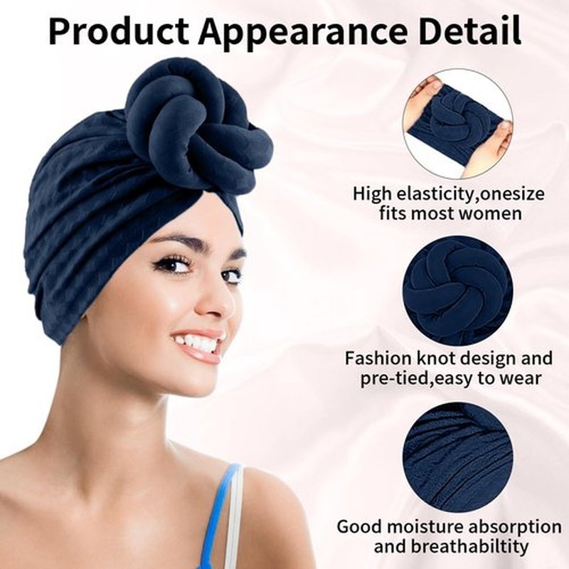 LVBGQVL Women Turbans and Head Wraps, Women African Turban Flower Knot Pre-Tied Bonnet Beanie Cap Headwrap Navy Blue