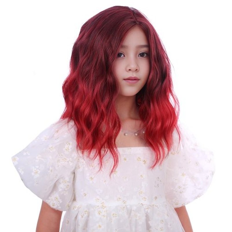 Edivd Kids Red Ombre Wig Short Wine Red Wavy Curly Wig for Girls Side Part Wigs for Children Heat Resistant Synthetic Wigs with Cap
