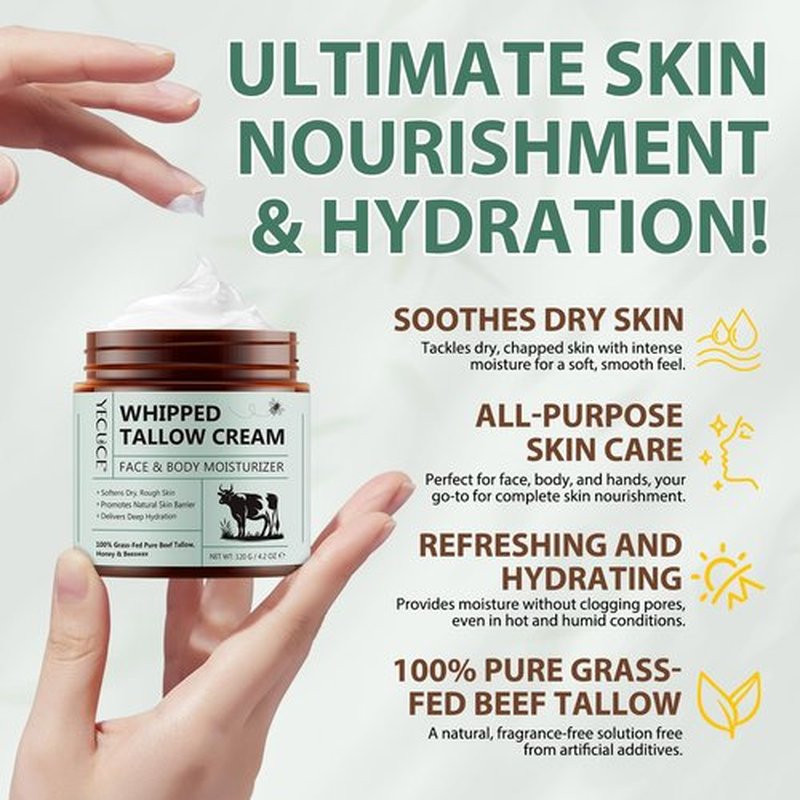Cacukn Whipped Beef Tallow for Skin, Organic Face Moisturizer with Grass Fed Beef Tallow & Raw Honey, Deeply Moisturizes Face & Body, Reduces Skin Irritation and Sensitivity, 4.2 Oz