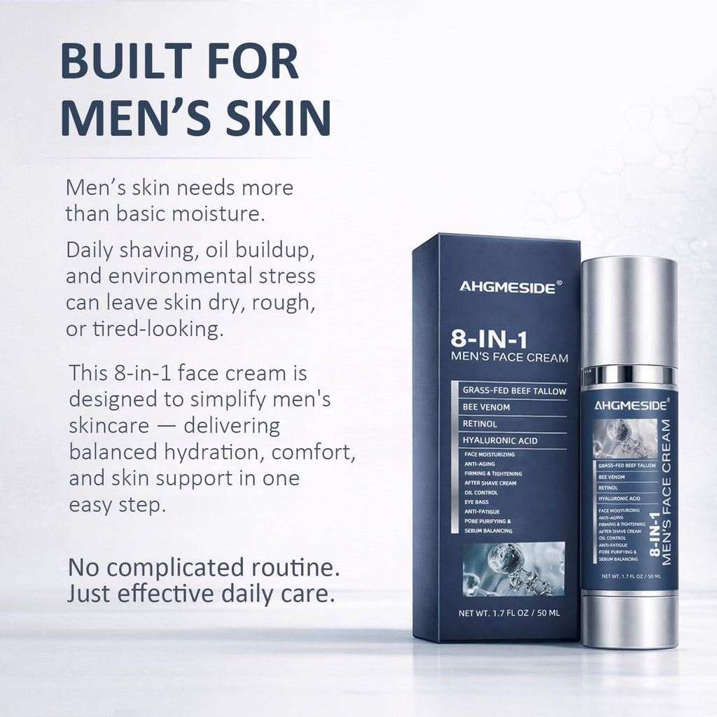Ahgmeside 8-in-1 Face Cream for Men,Anti-Aging Daily Moisturizer with Hyaluronic Acid & Shea Butter,Helps Smooth Wrinkles & Reduce Puffiness, Lightweight Men's Formula, 1.7 oz
