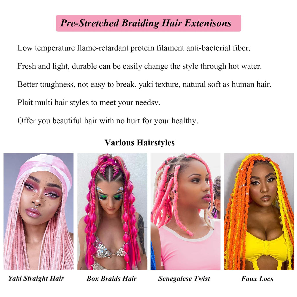 UPruyo Hot Pink Braiding Hair Pre Stretched Colored Hair Extensions Prestretched Braiding Hair Neon Pink Knotless Yaki Texture Synthetic Hair for Micro Box Braids (26 Inch Folded 3 Packs)