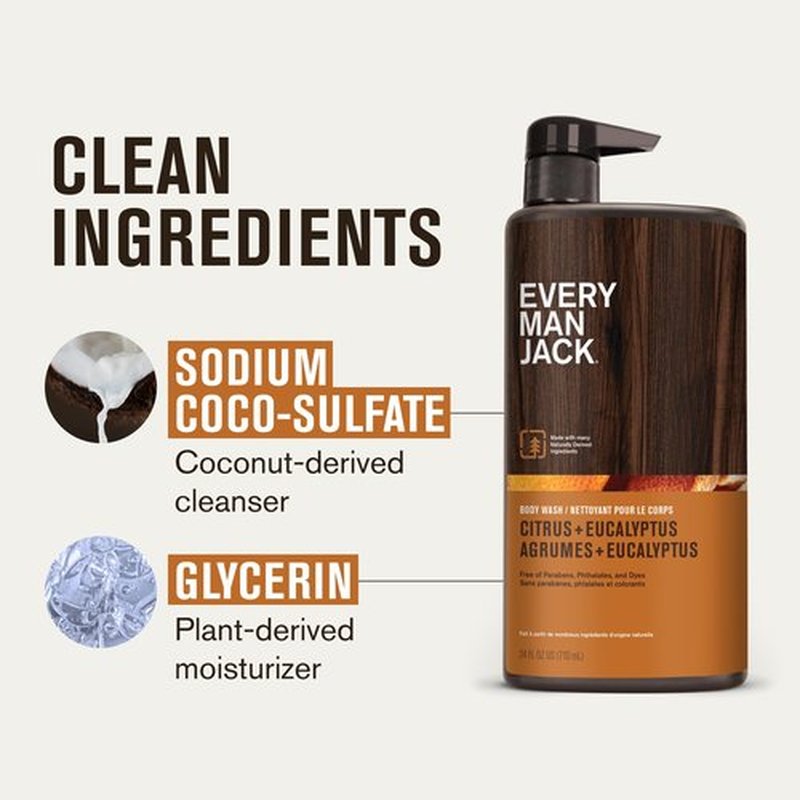 Every Man Jack Nourishing Citrus + Eucalyptus Mens Body Wash for All Skin Types - Naturally Derived Ingredients - Cleanse and Hydrate Skin with Coconut and Glycerin - 24 Fl Oz (2 Pack)