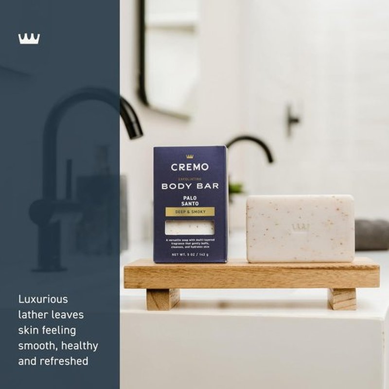 Cremo Exfoliating Body Bar for Men - Palo Santo Scent | Multi-Layered Fragrance, 5oz Hydrating Cleanser