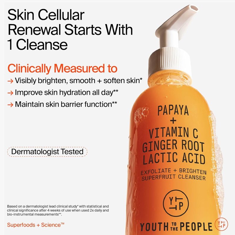 Youth To The People Superfruit Facial Cleanser - Gentle Exfoliating Face Wash with Papaya & Vitamin C for Radiant Skin | AHA + BHA Formula, Sulfate-Free