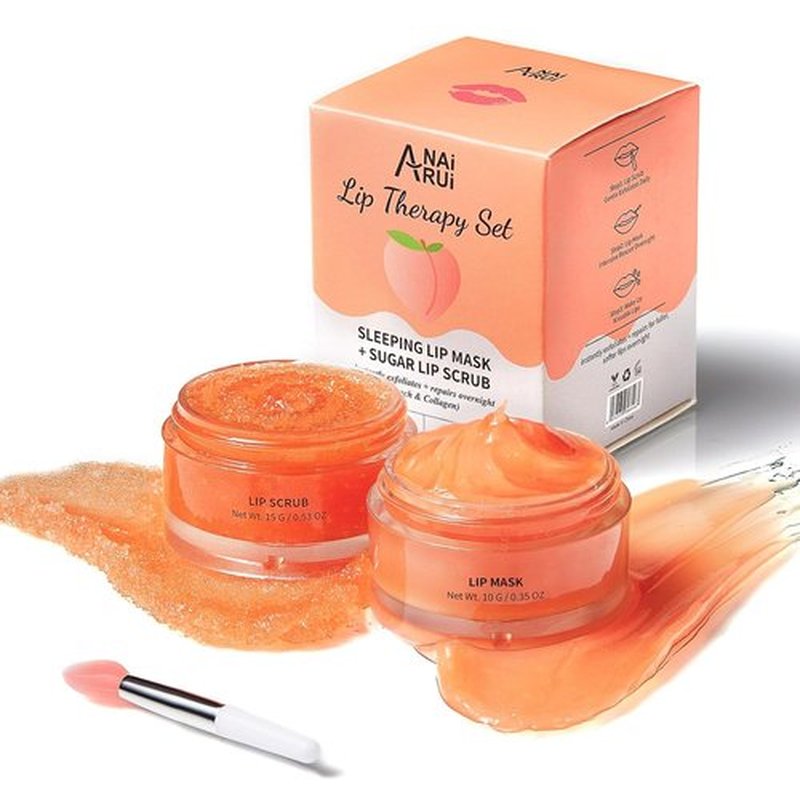 ANAI RUI Lip Scrub & Mask Set - Exfoliating Sugar Scrub & Moisturizing Overnight Mask for Dry Lips | Peach