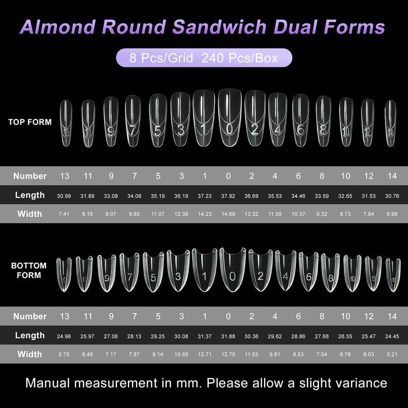 VOCOSTE 240pcs Sandwich Dual Nail Forms, Almond Round Nail Art Tools for Quick Nail Extension, 15 Sizes Plastic Reusable Form, Long Nails DIY Salon & Bride Party Manicure Kits
