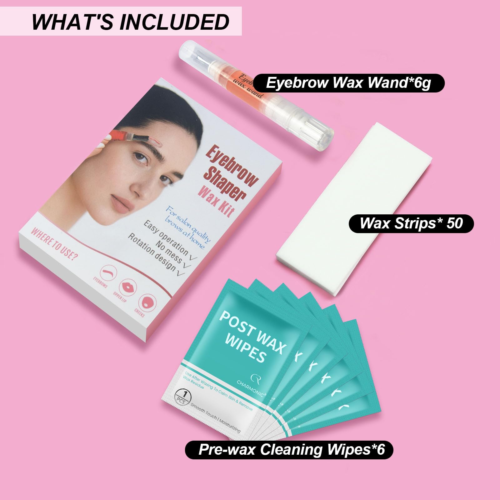 Eyebrow Wax Kit, Eyebrow Shaper Pen, Sugar Wax Wand, Facial Hair Removal for Eyebrow, Upper Lip, Cheek, and Moustache at Home with 50 Cotton Strips and 6 Calming Wipes for All Skin Types for Women