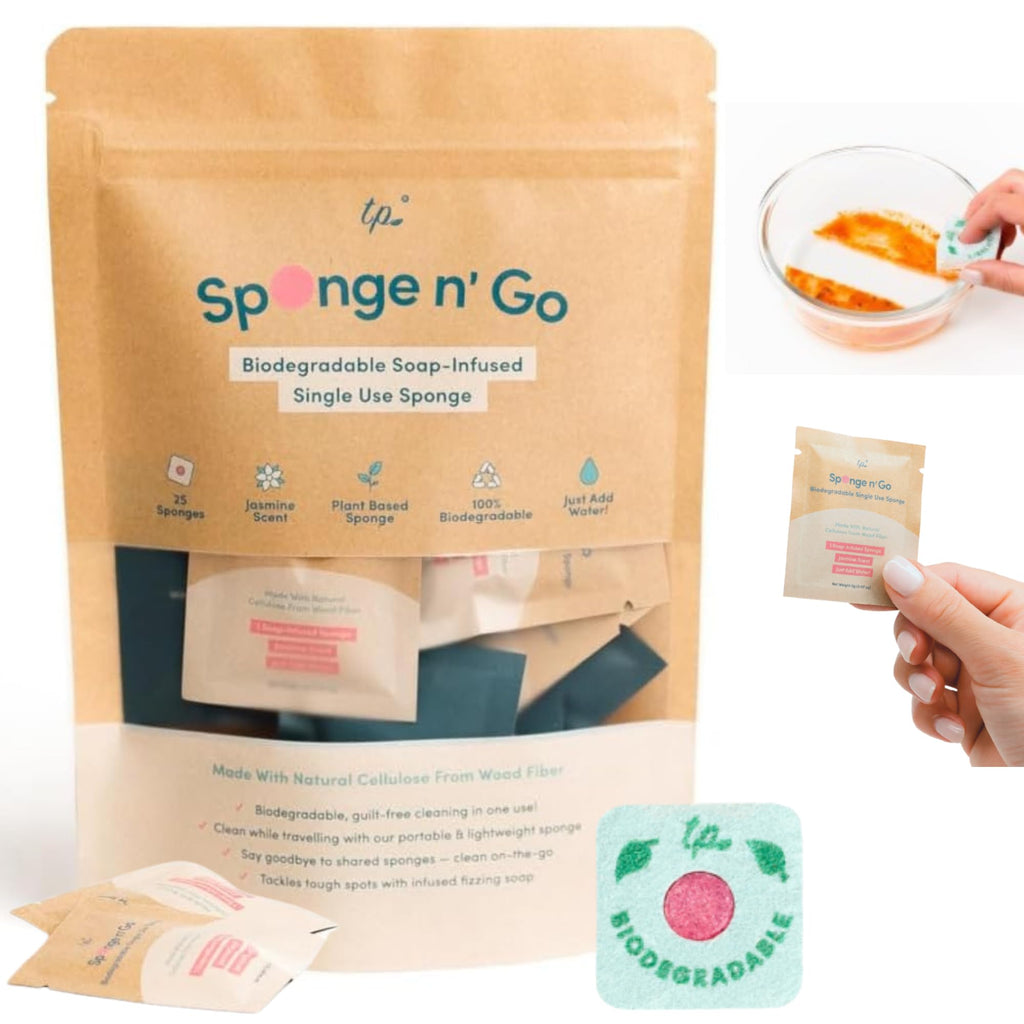 Sponge n' Go: 20-Pack Mini Travel Dish Soap & Sponges | Eco-Friendly, Soap-Infused, Single-Use Cellulose Compressed Sponges | Your On-The-Go Cleaning Companion for Trips, Camps, Work