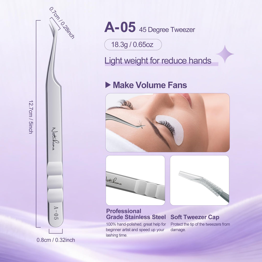 Natuhana High Precision Lash Tweezers for Individual and Volume Eyelash Extensions Pointed Premium Stainless Steel Curved Fiber Tip Professional Isolation Tweezer(45 Degree Tweezer A-05)