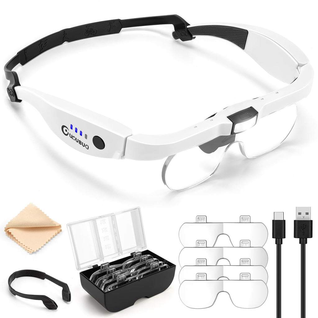 GUOUBUO Magnifying Glass with Light, 1.5X-5.0X Magnifying Glasses, Rechargeable Magnifier Headset with Light, Head Magnifier with 4 Detachable Lenses, Magnify Glasses for Close Work Crafts