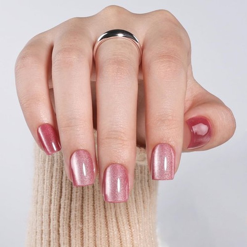 Cat Eye Press On Nails - Rose Pink Press On Nails, Short Square Nails Press Ons for Women Fake Nails with Glue, Glossy Reusable Glue on Nail in 15 Sizes - 30pcs
