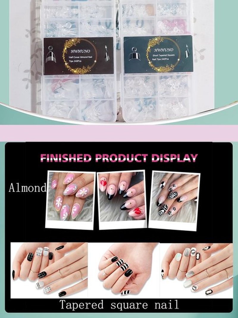 HWHUNO 480Pcs Extra Short Half Cover Almond &Tapered Square Nail Tips Gel x Clear Set,2 Shape Pre Shape XXS for Manicure Art Home DIY Salon 12Sizes