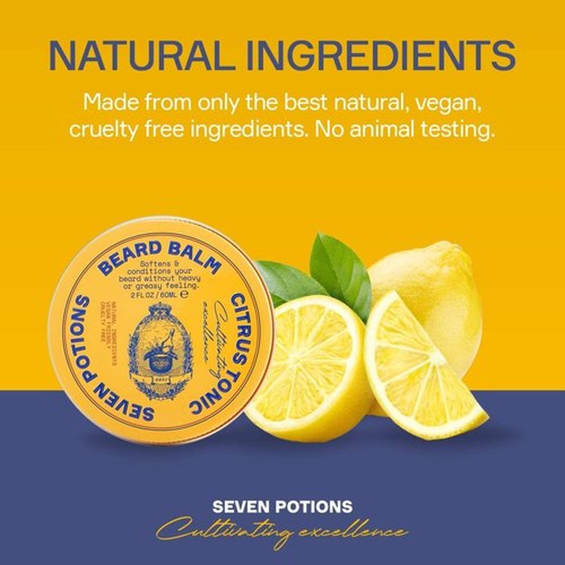 Seven Potions Beard Balm for Men - All-Natural Conditioning Softener | Nourishes Skin & Facial Hair - Citrus Tonic (2 FL OZ)
