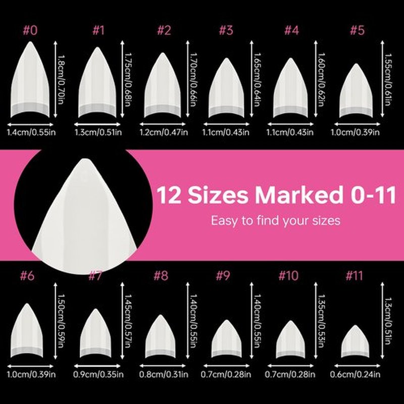 BXKM 504 Pcs Short Stiletto Nail Tips, 12 Sizes Pre-shape Gel Acrylic Clear Half Cover Fake Nail Tips for Extension Home DIY Salon