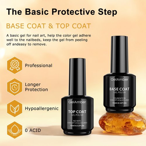 GELAMBER 4Pcs 15ml Nail Dehydrator and Primer 2-in-One with Gel Base and Top Coat Set, Cuticle Oil and Nail File, Acid-Free No Wipe Essentials for Shiny & Long-Lasting Natural Manicure