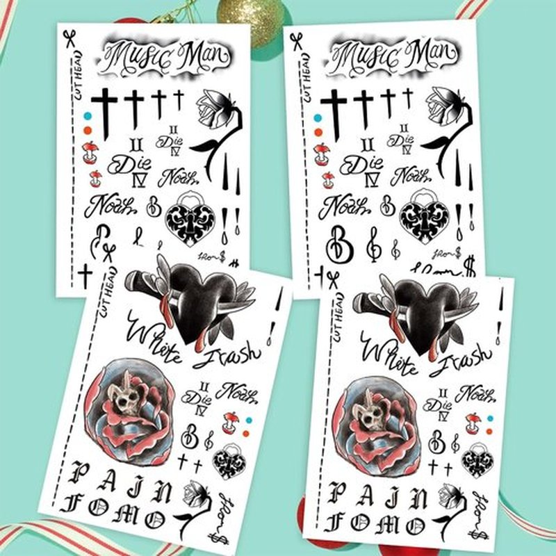 4 Sheets Cosplay Hip-Hop Temporary Face and Body Tattoos – Rapper-Inspired Fake Tattoo Stickers for Men, Women and Kids – Realistic Waterproof Tattoos for Cosplay, Halloween, Parties