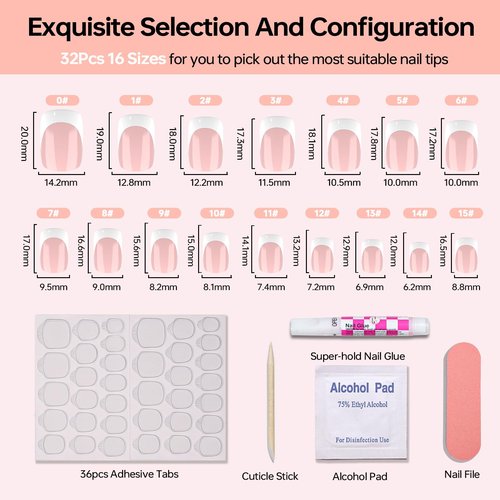 LY LANYOS Press On Nails Short, Short Fake Nails, Square Glue on Nails, Reusable Stick on nails with Nail Glue in 16 Sizes, 32 Pcs, White French