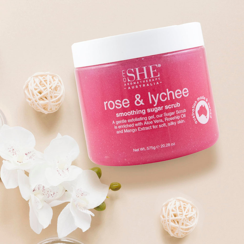 OM SHE Aromatherapy Rose & Lychee Sugar Scrub 20.28oz - Exfoliating Body Scrub, Natural Sugar, Micro Bead Free, Rosehip Oil. Australian made.