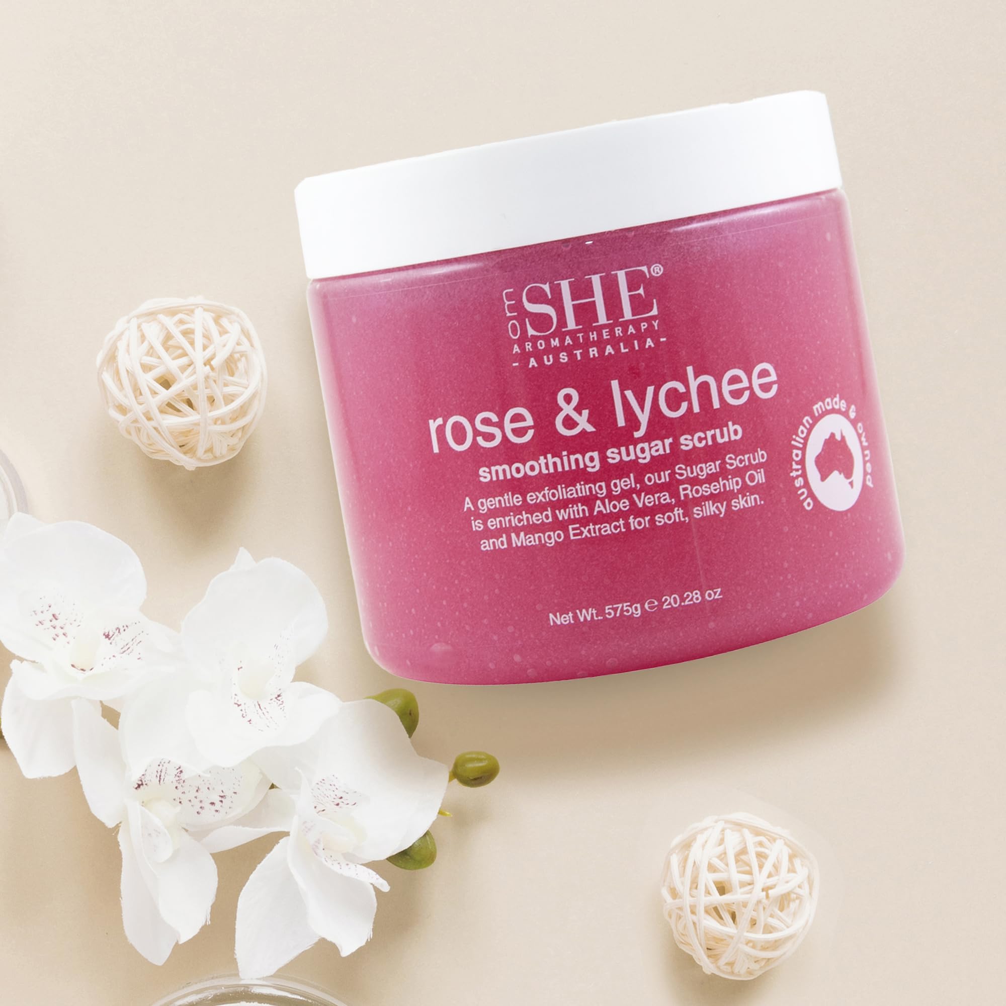 OM SHE Aromatherapy Rose & Lychee Sugar Scrub 20.28oz - Exfoliating Body Scrub, Natural Sugar, Micro Bead Free, Rosehip Oil. Australian made.