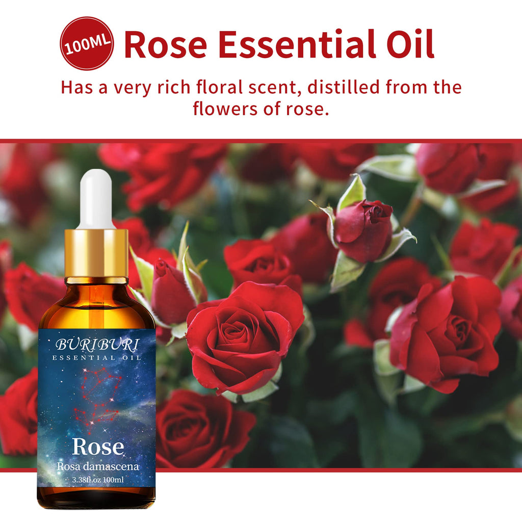 BURIBURI Rose Essential Oil 100ML Gifts Set 100% Pure Natural Undiluted Aromatherapy Rose Oil 3.38fl.oz for Soap, Candle Making, Massage, Diffuser, Humidifier