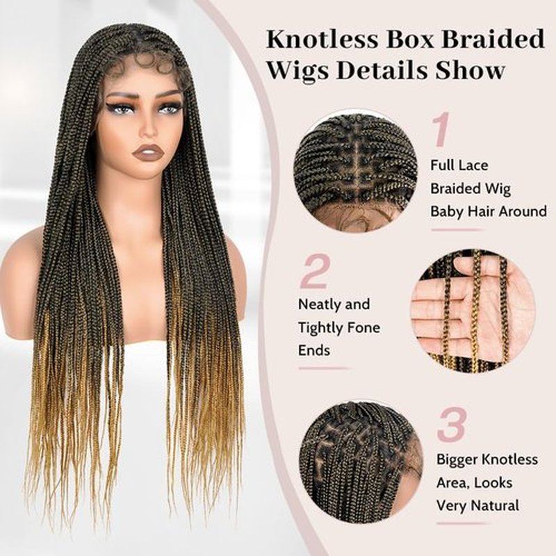 Suntefic Braided Wig for Black Women Human Hair Blended Glueless Full Double Breathable Lace Front Braids Wig with Baby Hair Lightweight Handmade African American Braided Wigs (Ombre Blonde, 32 Inch)