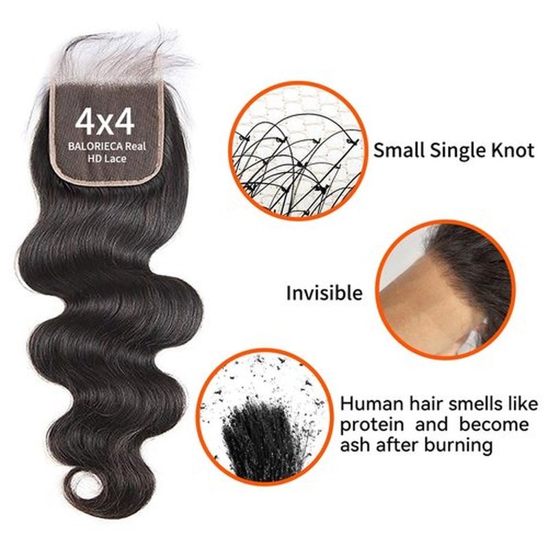 BALORIECA Real 4x4 HD lace closure Swiss Skinlike Front hd Lace 0.10mm hd lace with invisible knots,Body Wave raw human hair Nature black(20 Inch, Body Wave)
