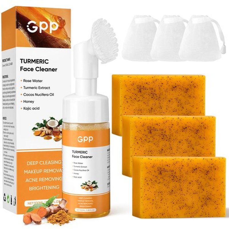 4Pcs Turmeric Soap & Turmeric Face Wash with Brush Skin Care Set, Lemon Turmeric Soap for Face & Body, Daily Facail Cleanser for All Skin Types, Deep Cleansing Turmerics Wash and Care Set