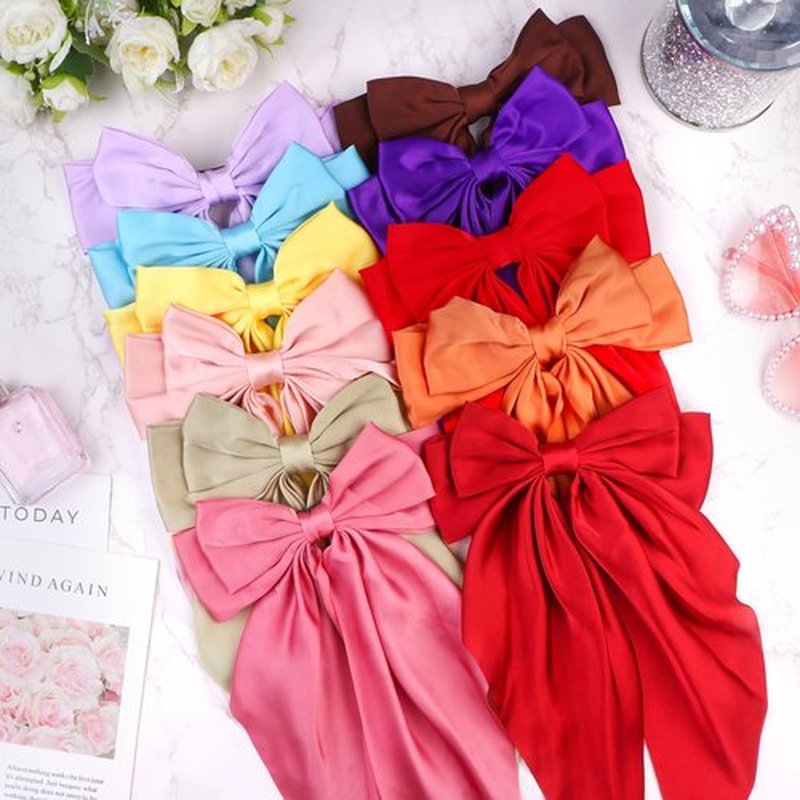 LIUBUJINGYING 32Pcs Satin Hair Bows Bulk Big Hair Bows for Women Large Hair Ribbons Silky Satin Oversized Hair Bows Long Tail Large Hair Barrettes Hair Cute Oversized Bow Hair Clips with Long Tails