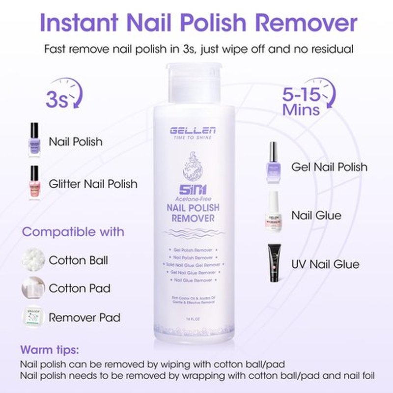 Gellen Non Acetone Nail Polish Remover | Nail Polish Remover Pump Enriched with Jojoba Oil Castor Oil | Soak off Gel Polish Remover for Nails | Frequent Usage at Home Diy Salon, 16 Fl Oz