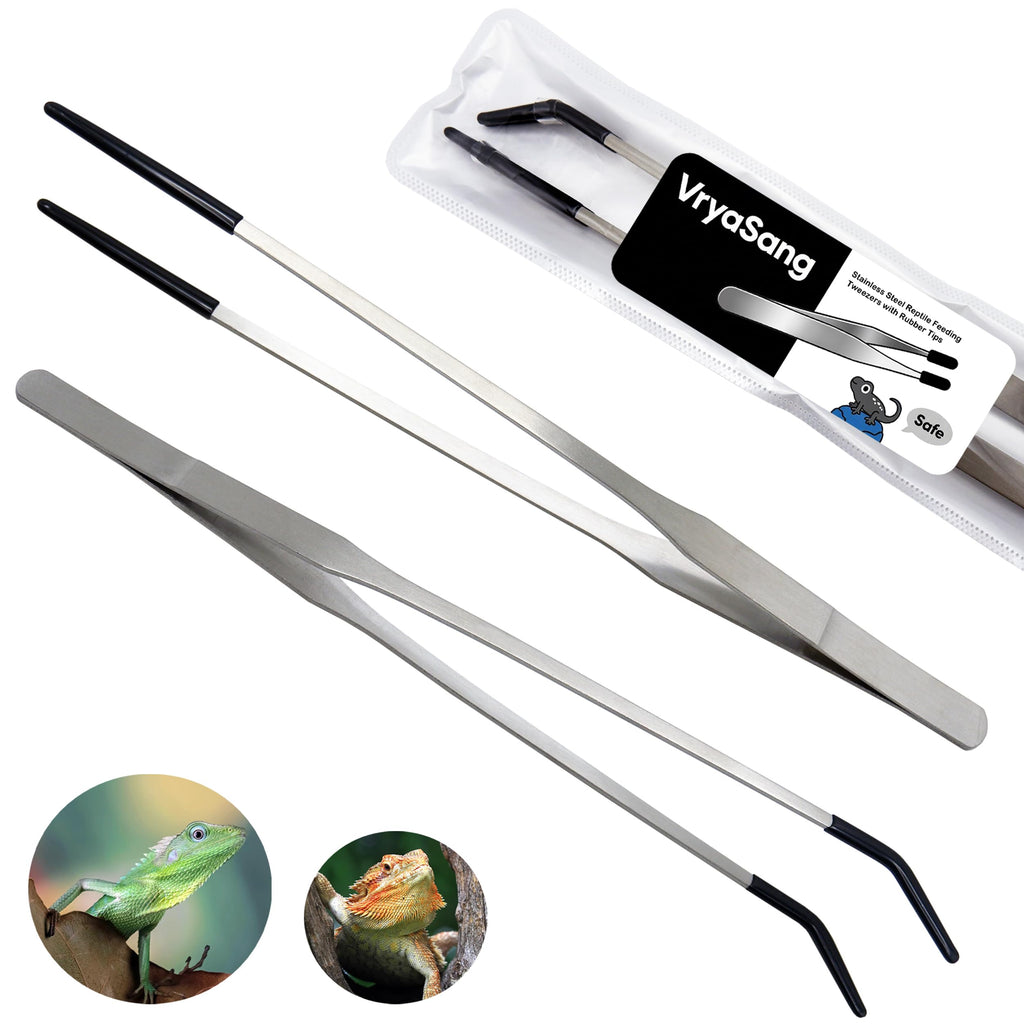 2 PCS Long 10.6" Stainless Steel Reptile Feeding Tongs with Rubber Tip, Straight & Curved Tweezers for Aquariums & Crafts, Feeder Tools for Bearded Dragon, Lizards Snake, Terrarium Supplies (Silver)