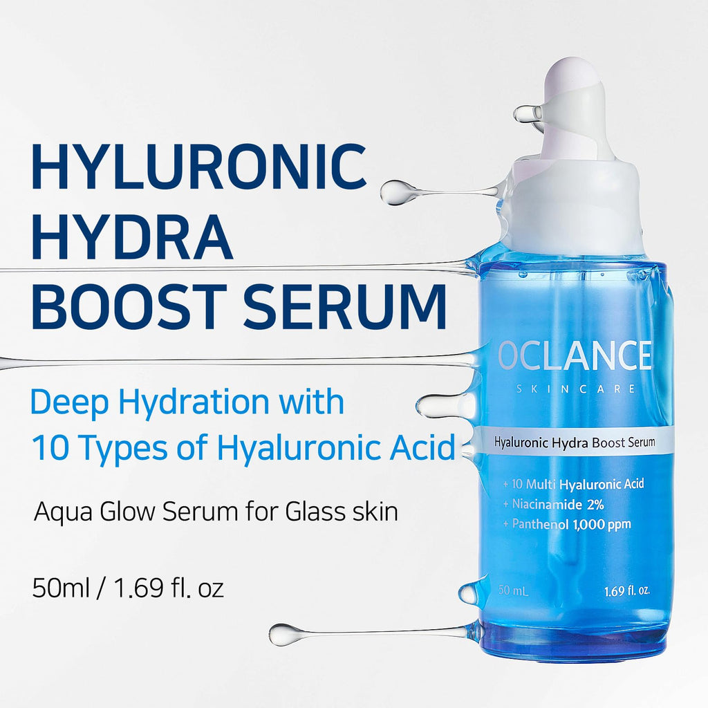 OCLANCE Hyaluronic Hydra Boost Serum with 10 Multi Hyaluronic Acid, Niacinamide, Panthenol | Lightweight, Hydrating for Glowing Skin | Non-Greasy, Fragrance-Free, Korean Skincare | 50ml / 1.69 fl. oz